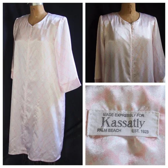 vtg KASSATLY Palm Beach Pink Floral Zip Up Satin Glam Lounge Robe Caftan Dress S - Picture 1 of 9
